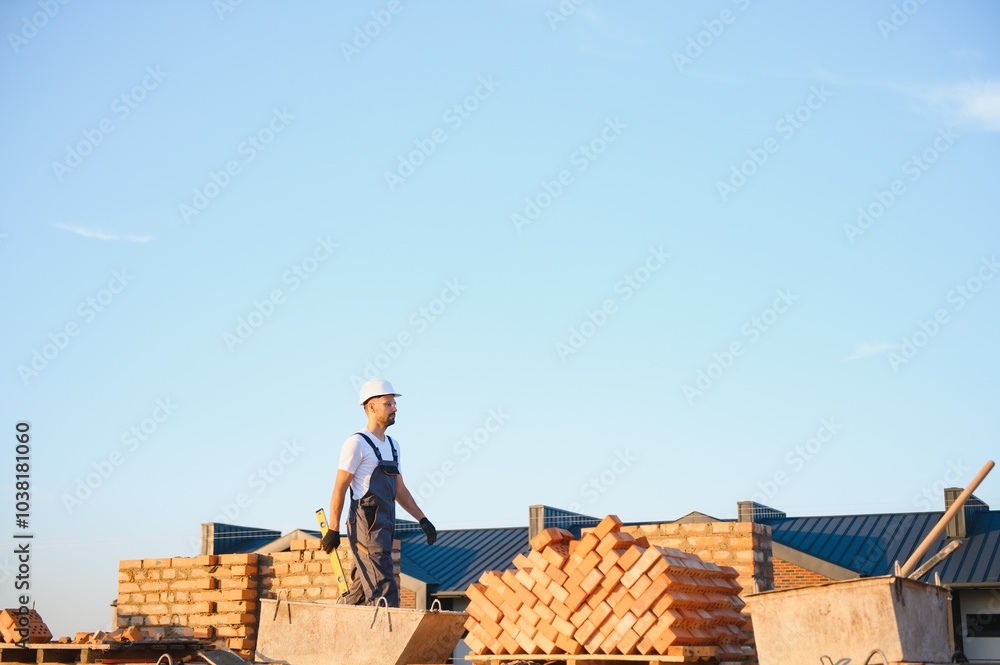 Construction worker man in work clothes and a construction helmet. Portrait of positive male builder in hardhat working at construction site Construction worker man in work clothes and a construction helmet. Portrait of positive male builder in hardhat working at construction site