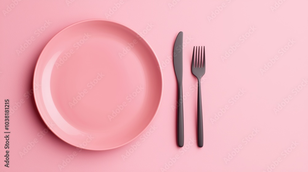 Elegant Dinner Concept with Pink Plate and Black Cutlery on Pastel Pink Background Elegant Dinner Concept with Pink Plate and Black Cutlery on Pastel Pink Background