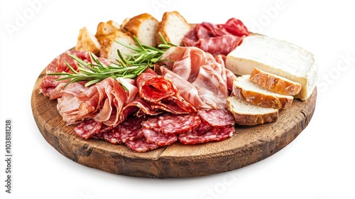 Delicious Charcuterie Board with Assorted Meats, Cheese, and Bread on Wooden Platter for Dinner Concept