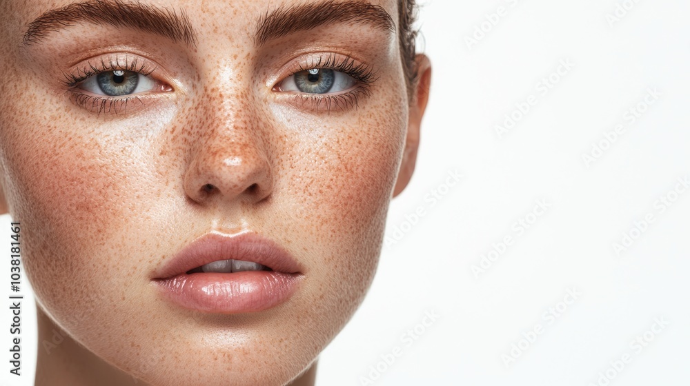 Close-Up Portrait of a Young Woman with Freckles and Clear Skin Highlighting Natural Beauty and Skin Conditions Close-Up Portrait of a Young Woman with Freckles and Clear Skin Highlighting Natural Beauty and Skin Conditions
