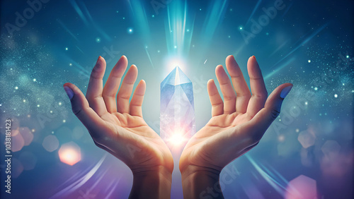 Hands holding a luminous crystal with glowing light effects for a healing and spiritual experience
