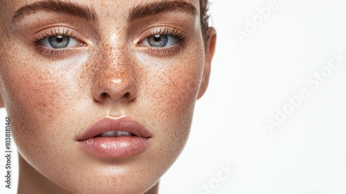 Close-Up Portrait of a Young Woman with Freckles and Clear Skin Highlighting Natural Beauty and Skin Conditions