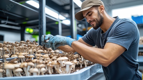 Male Mushroom Farmer Inspecting Moisture Levels in Dimly Lit Growing Room with Trays of Fresh Mushrooms photo