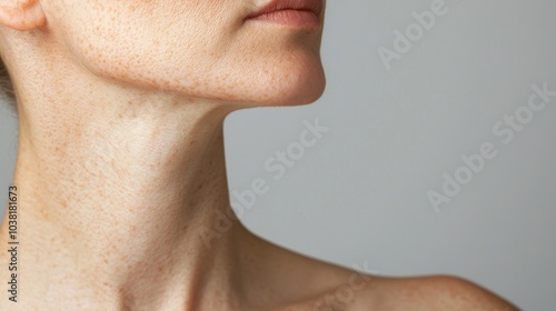 Close-Up of Woman's Neck and Jawline Showing Skin Condition with Freckles and Uneven Skin Tone