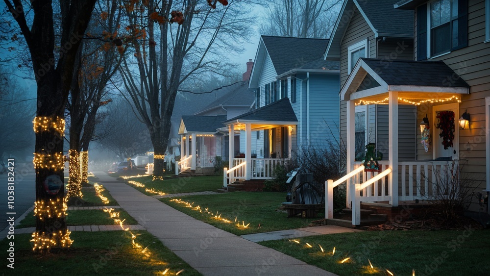 Obraz premium Festive Neighborhood with Holiday Lights on a Misty Evening