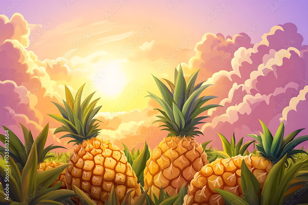 A vibrant sunset scene featuring ripe pineapples in a lush landscape. A vibrant sunset scene featuring ripe pineapples in a lush landscape.