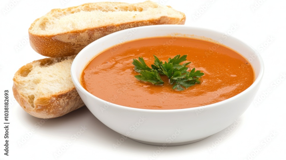 Delicious Tomato Soup with Fresh Parsley and Sliced Bread on White Background Delicious Tomato Soup with Fresh Parsley and Sliced Bread on White Background
