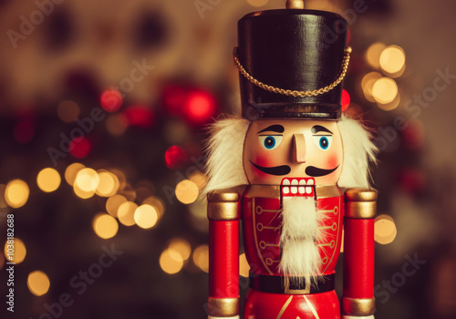 A festive nutcracker standing proudly in front of twinkling holiday lights during a cozy winter evening celebration