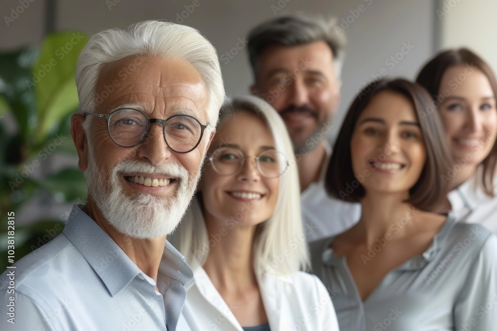 Portrait of happy senior man in eyeglasses looking at camera with group of diverse businesspeople standing in background Portrait of happy senior man in eyeglasses looking at camera with group of diverse businesspeople standing in background