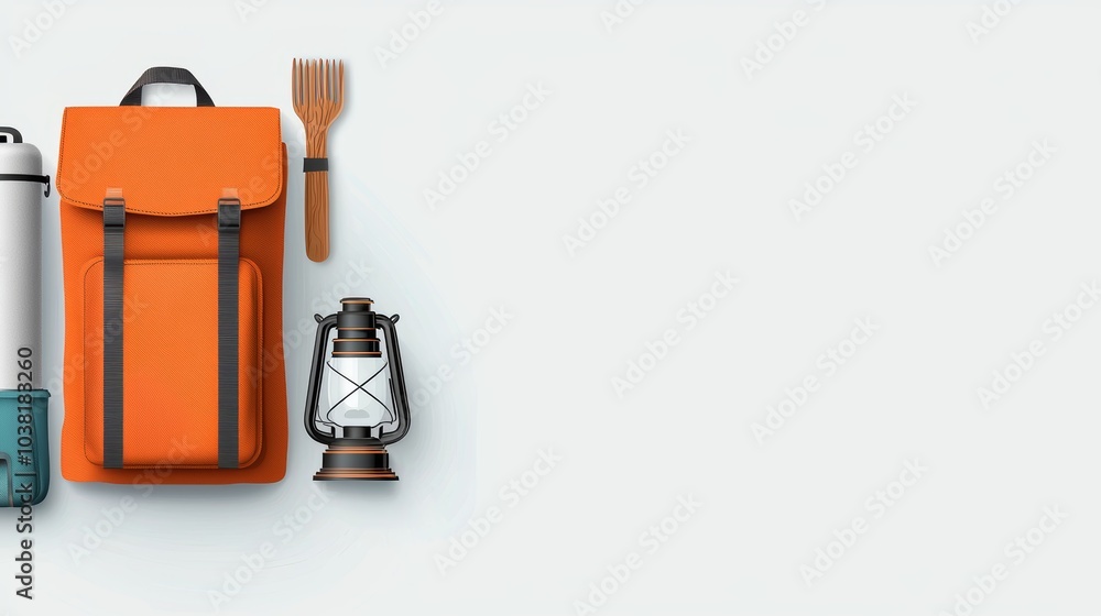 Essential Adventure Equipment for Camping and Climbing - Backpack, Lantern, Water Bottle, and Utensils on Light Background Essential Adventure Equipment for Camping and Climbing - Backpack, Lantern, Water Bottle, and Utensils on Light Background