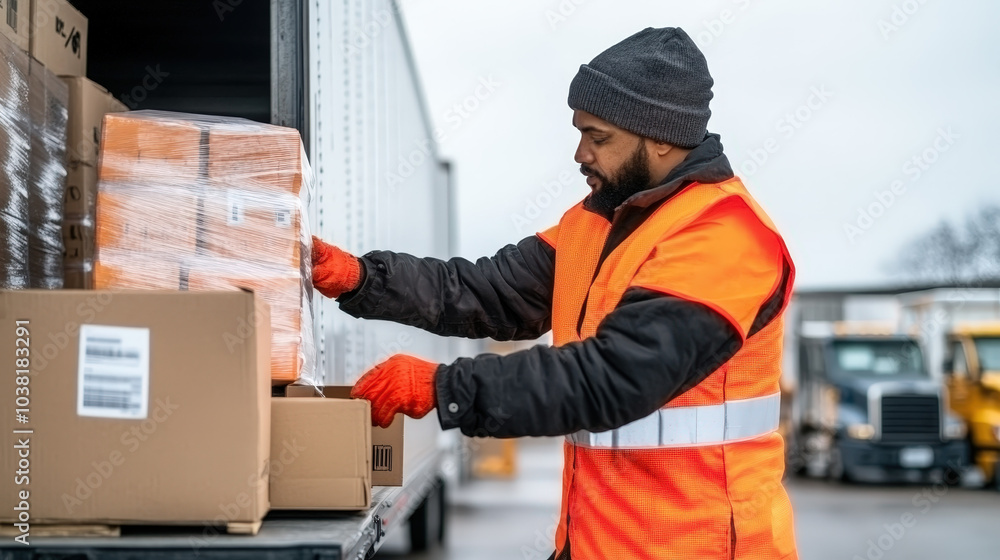 Worker in a high-visibility vest loading goods onto a truck at a warehouse dock Worker in a high-visibility vest loading goods onto a truck at a warehouse dock