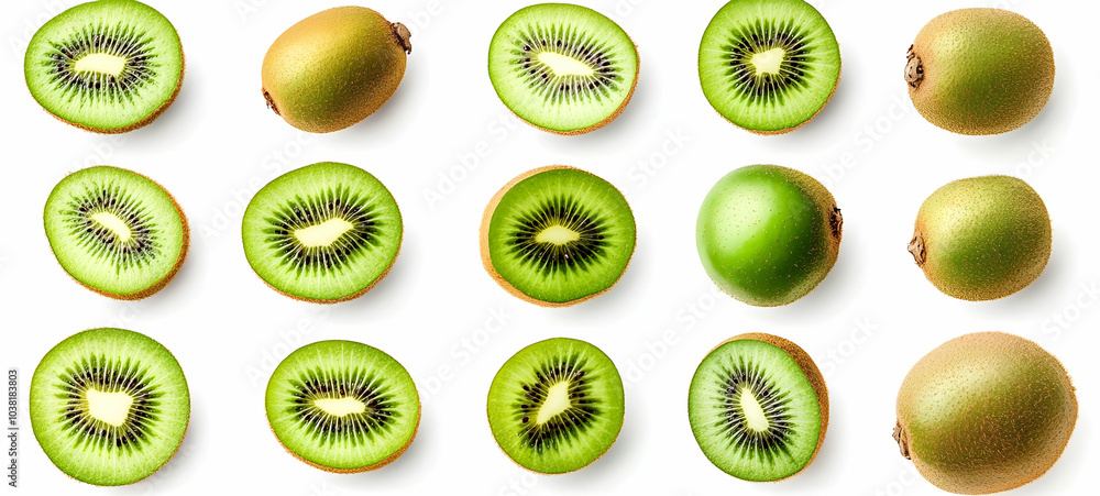 Fototapeta premium Fresh Kiwi Fruit Slices and Whole Fruit on White Background.