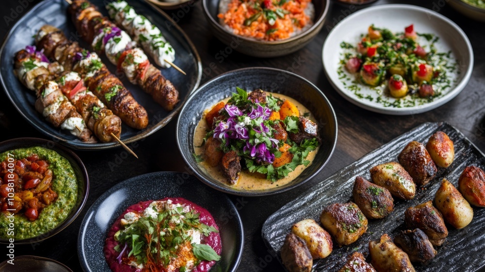 Creative Middle Eastern Cuisine on Rustic Table Creative Middle Eastern Cuisine on Rustic Table