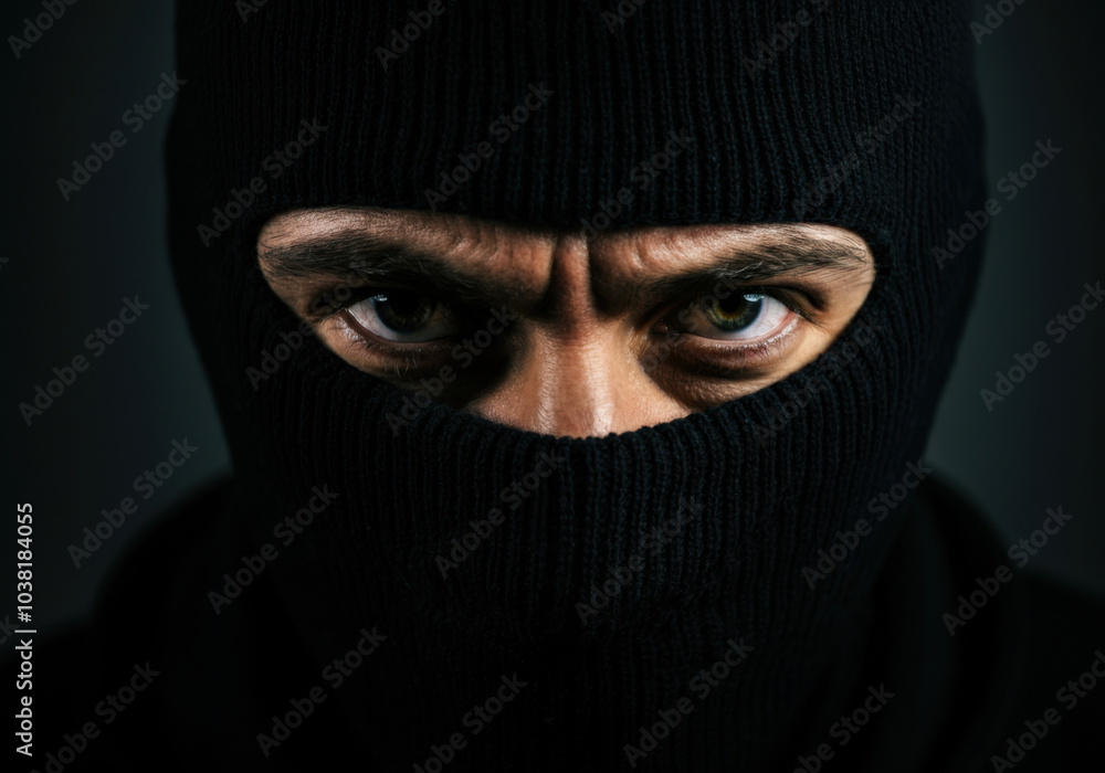 Intriguing close-up of a person in a black mask with intense gaze, conveying mystery and secrecy in a dimly lit setting Intriguing close-up of a person in a black mask with intense gaze, conveying mystery and secrecy in a dimly lit setting