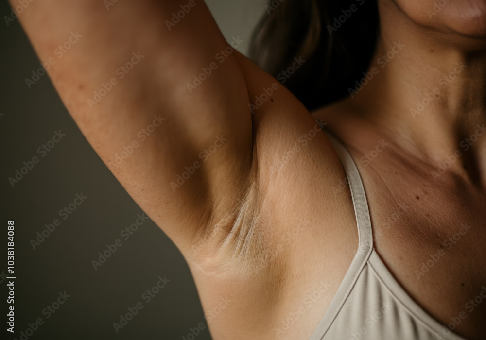 Woman demonstrating underarm area while wearing a sleeveless top in a well-lit setting during the day Woman demonstrating underarm area while wearing a sleeveless top in a well-lit setting during the day