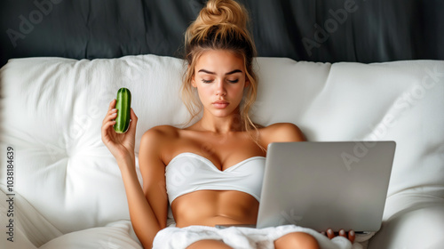 Young Woman Relaxing in Bed with Cucumber, Browsing on Laptop, Symbolizing Healthy Living Self-Pleasure photo