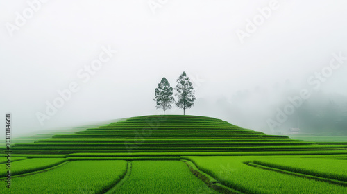 A serene countryside landscape featuring a rice field surrounded by lush green grass, trees, and gentle fog under a blue sky with fluffy clouds photo