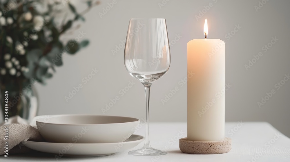 Elegant Dinner Setting with Wine Glass, Candle, and Plates on a Minimalist Table Elegant Dinner Setting with Wine Glass, Candle, and Plates on a Minimalist Table