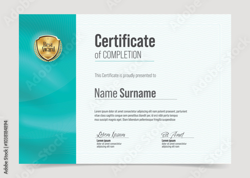 Certificate Training Template. Modern Elegant Clean Business Diploma with Luxurious Gold Award Badge. 