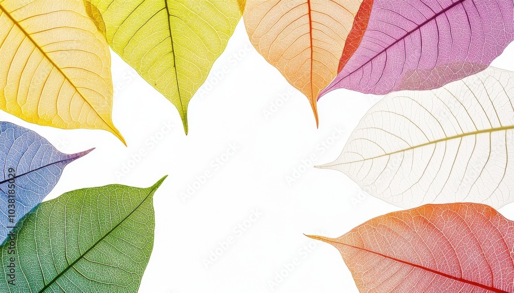 A collection of colorful, translucent leaves arranged artistically on a white background, showcasing nature's beauty. A collection of colorful, translucent leaves arranged artistically on a white background, showcasing nature's beauty.