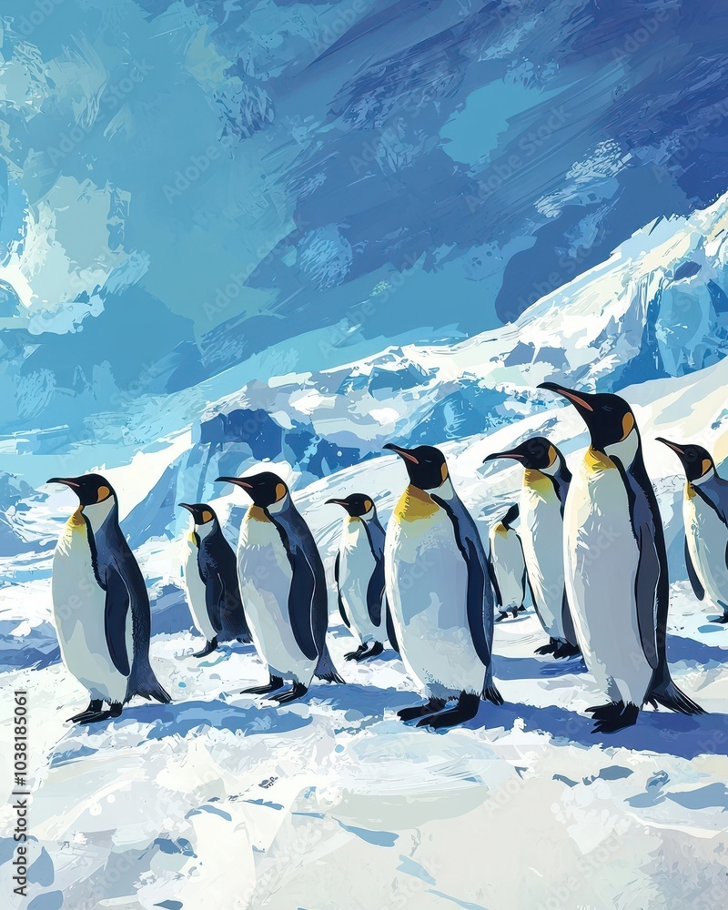 Obraz premium Group of Penguins on Icy Terrain in Arctic Landscape