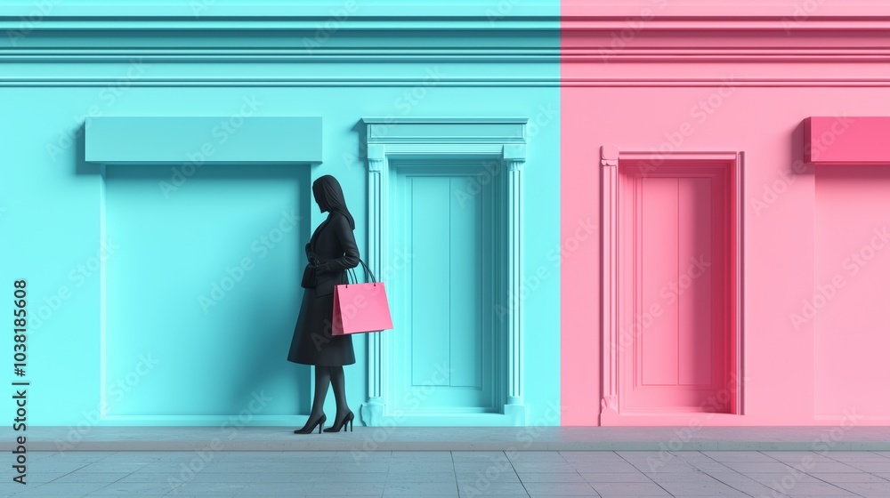 Fototapeta premium Modern Customer Journey Concept with Woman Shopping Against Colorful Background