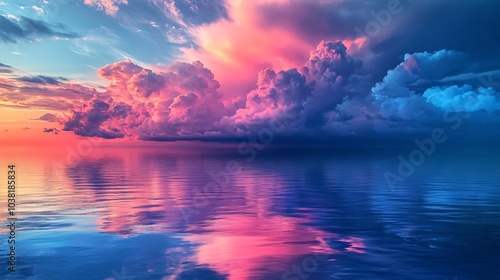 colorful multicolor clouds hovering over a peaceful ocean horizon, capturing nature's tranquil beauty