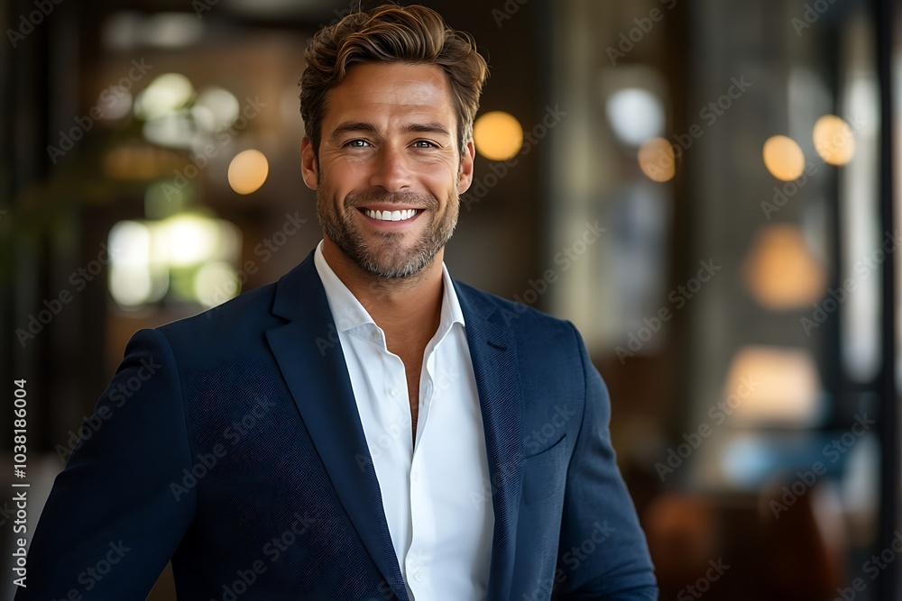 Confident Businessman in Blue Suit Smiling - Warm Natural Lighting Confident Businessman in Blue Suit Smiling - Warm Natural Lighting