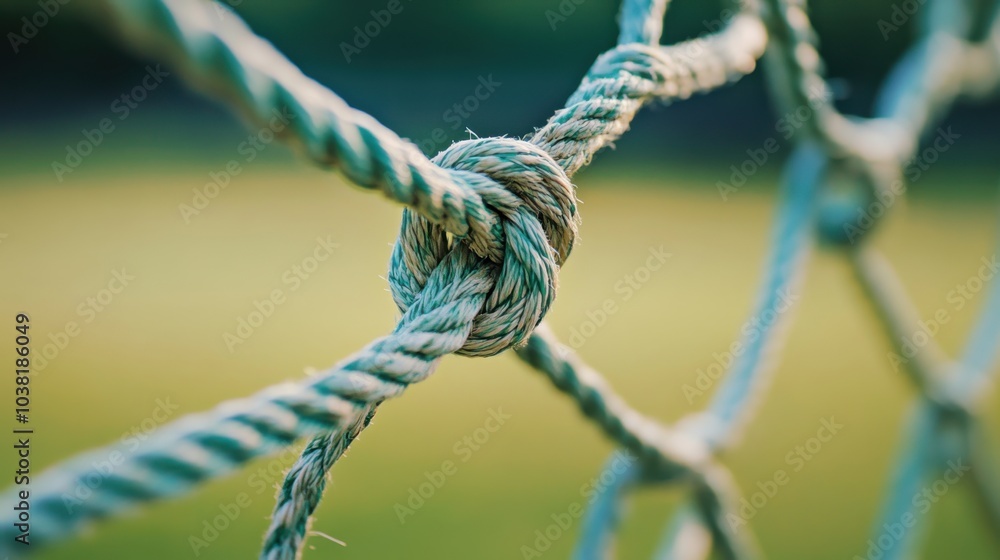 A soccer field's goal net knot, outdoor setting with green field, Contemporary style A soccer field's goal net knot, outdoor setting with green field, Contemporary style