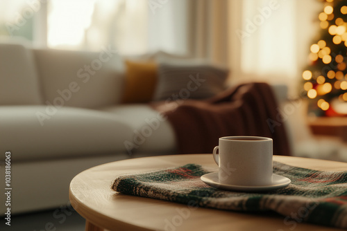 Cozy living room interior with festive decor. Christmas holidays. A cup of cocoa in a cozy house. A cup of coffee in a cozy house. 