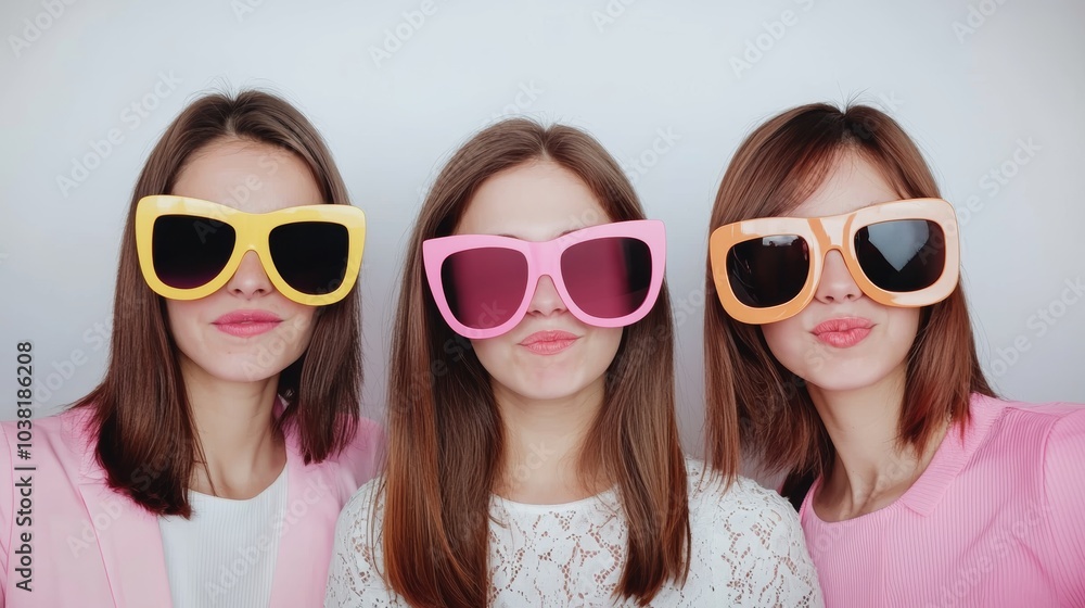 Three Friends Enjoying a Fun Party with Oversized Sunglasses and Colorful Outfits, Smiling and Posing for the Camera Three Friends Enjoying a Fun Party with Oversized Sunglasses and Colorful Outfits, Smiling and Posing for the Camera