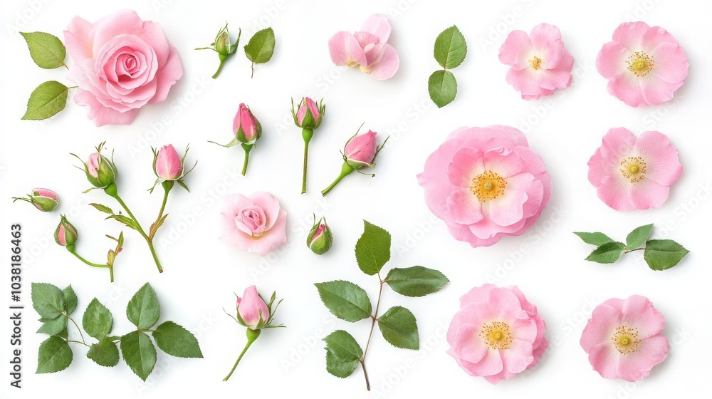 Collection of pink wild rose flowers, buds, and leaves, isolated on white, flat lay Collection of pink wild rose flowers, buds, and leaves, isolated on white, flat lay
