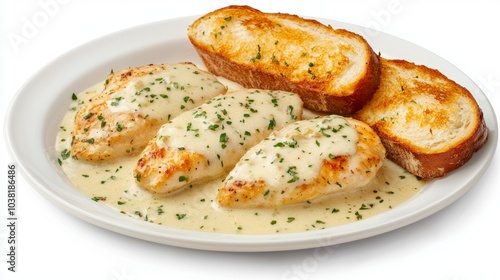 Delicious Creamy Chicken Breast with Garlic Bread on White Plate - Perfect Dinner Concept