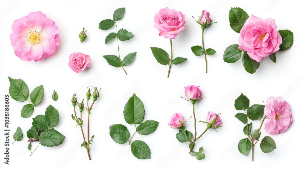 Collection of pink wild rose flowers, buds, and leaves, isolated on white, flat lay Collection of pink wild rose flowers, buds, and leaves, isolated on white, flat lay