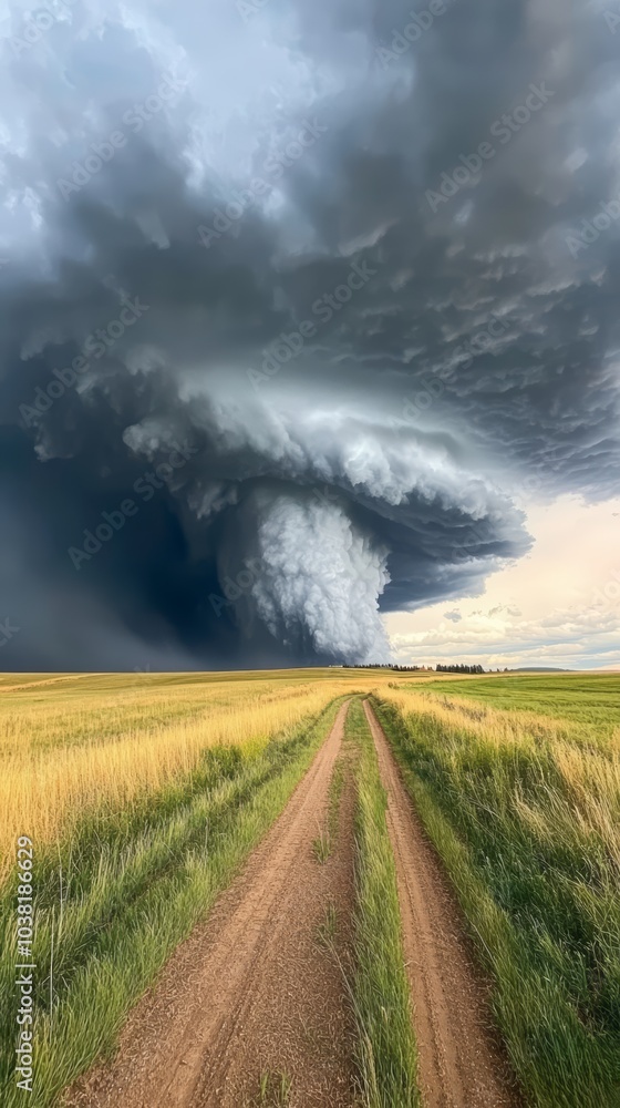Dramatic storm clouds gathering over open fields and a dirt road. Dramatic storm clouds gathering over open fields and a dirt road.