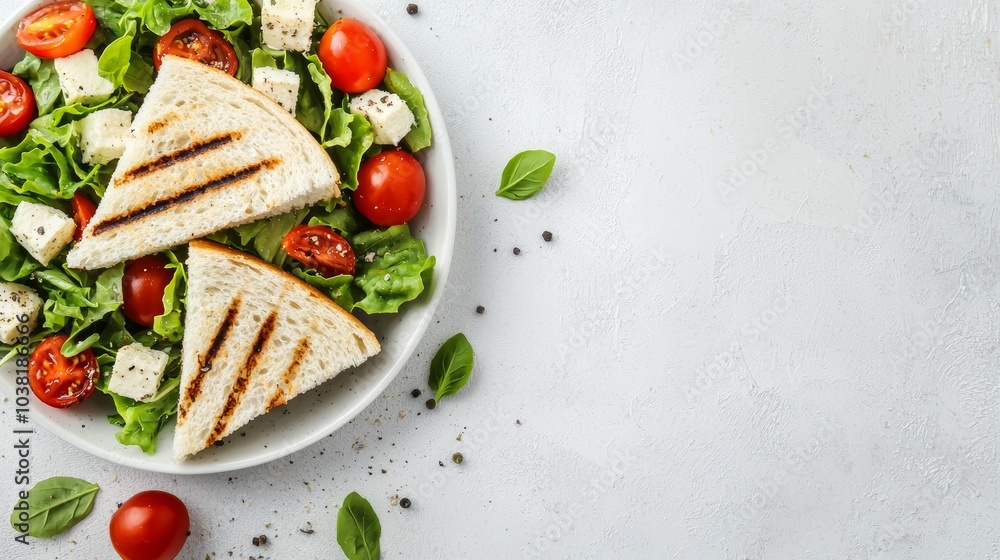 Healthy Lunch Break with Fresh Salad and Grilled Sandwich on a White Plate Healthy Lunch Break with Fresh Salad and Grilled Sandwich on a White Plate