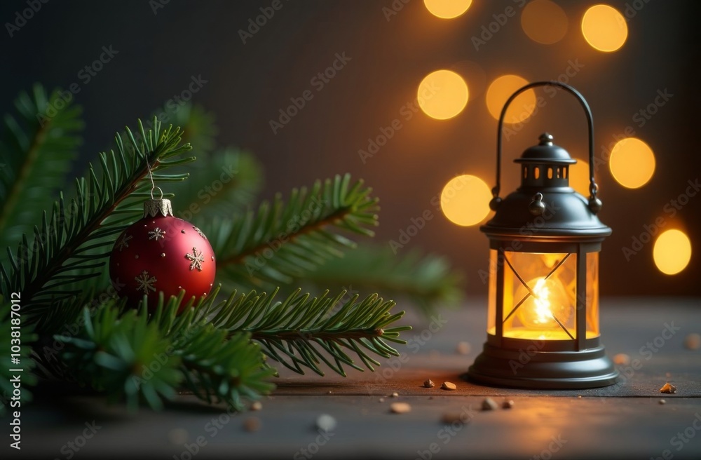 Merry Christmas! Lantern with candles and Christmas tree on a wooden background. Space for text and advertising