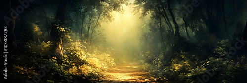 Sunbeams Through a Forest Path.