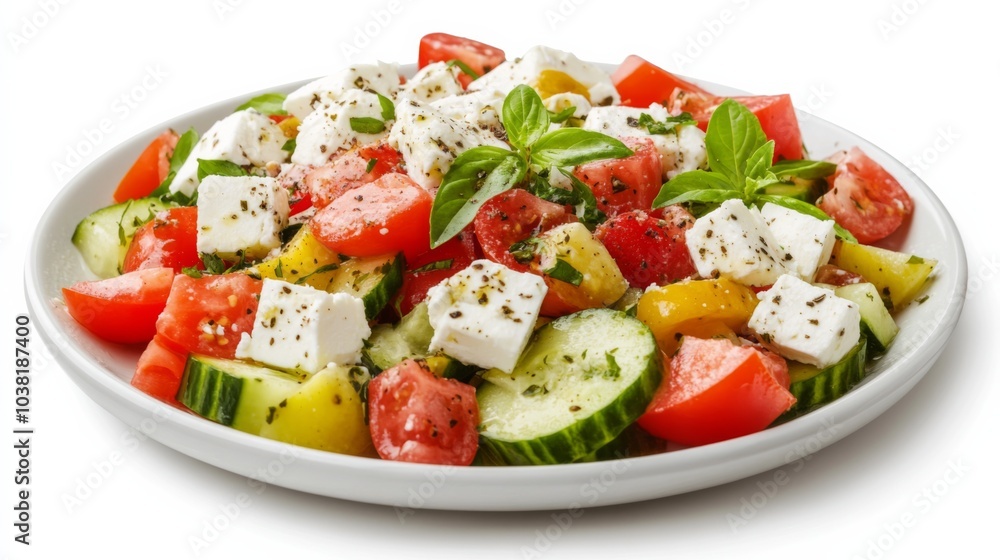 Fresh Salad with Feta and Cucumbers on White Plate Fresh Salad with Feta and Cucumbers on White Plate