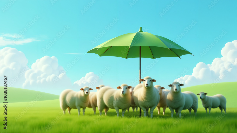 Fototapeta premium A Peaceful Herd of Sheep Sheltering Under a Green Umbrella in a Stunning Pastoral Landscape