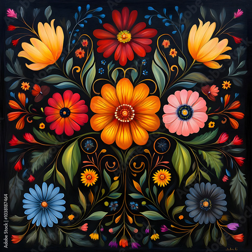 Vibrant Floral Pattern on Black Background. photo