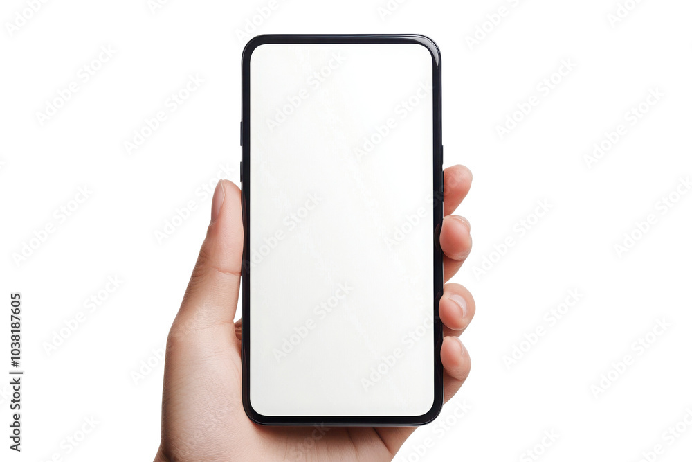 A person holding a modern smartphone with a blank screen, ideal for digital communication and technology concepts on transparent background. A person holding a modern smartphone with a blank screen, ideal for digital communication and technology concepts on transparent background.