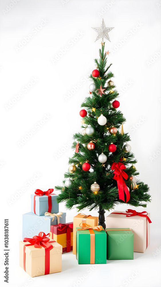 Christmas tree and gift wrapping on white background. Generative AI Christmas tree and gift wrapping on white background. Generative AI