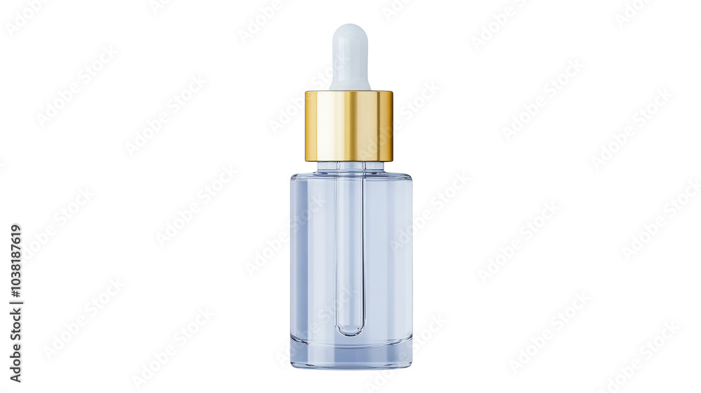 Clear dropper bottle with elegant gold cap, perfect for serums, oils, and skincare products in a minimalistic design on transparent background. Clear dropper bottle with elegant gold cap, perfect for serums, oils, and skincare products in a minimalistic design on transparent background.