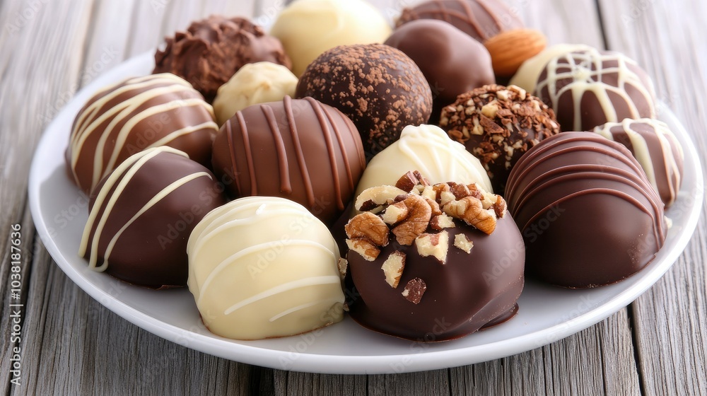A plate of assorted chocolate truffles arranged neatly, with different coatings like cocoa powder, chopped nuts, and white chocolate, on a wooden table. --chaos A plate of assorted chocolate truffles arranged neatly, with different coatings like cocoa powder, chopped nuts, and white chocolate, on a wooden table. --chaos
