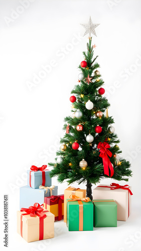 Christmas tree and gift wrapping on white background. Generative AI