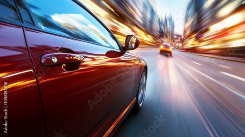 Fast-moving car on a city road, dynamic scene