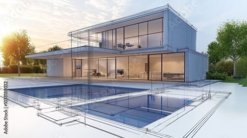 Modern House Design with Pool and Sketch