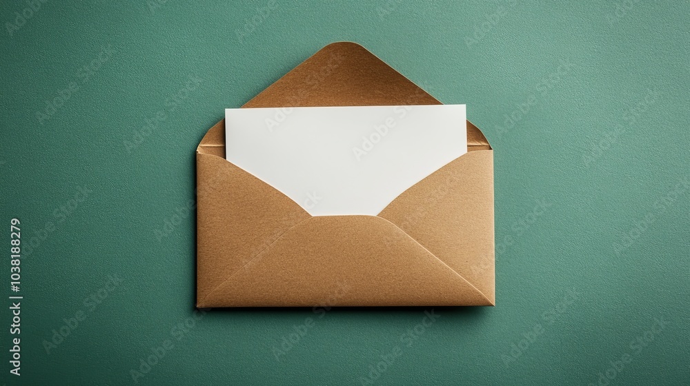 Green background with an open brown envelope containing a blank white card. 