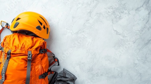 Bright Orange Backpack and Helmet for Adventure, Camping, and Climbing on Marble Background photo